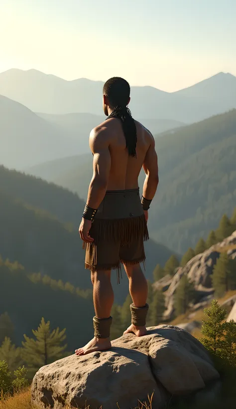 Safe Image Work, 

(Realistic ultra intricately natural landscape),during primitive era,the primitive tribe human,the male tribe warrior, he is wearing simple primitive leather armor, summer season on the scenery,,(perfectly shapelfull body|cinematic dynam...