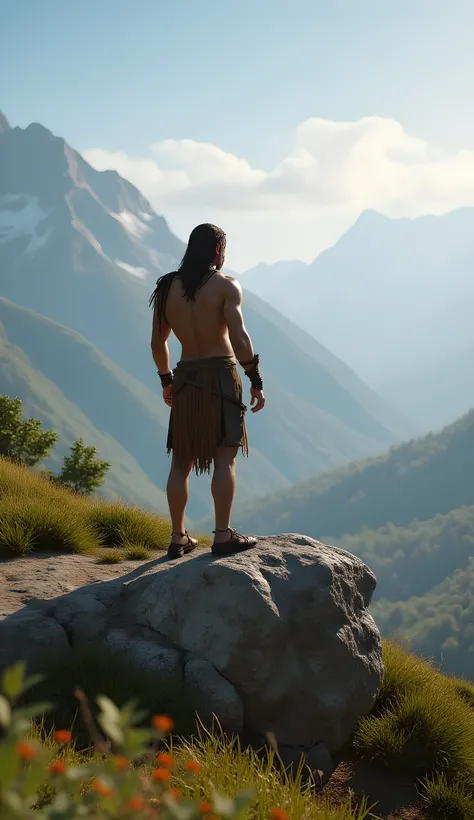 Safe Image Work, 

(Realistic ultra intricately natural landscape),during primitive era,the primitive tribe human,the male tribe warrior, he is wearing simple primitive leather armor, summer season on the scenery,,(perfectly shapelfull body|cinematic dynam...