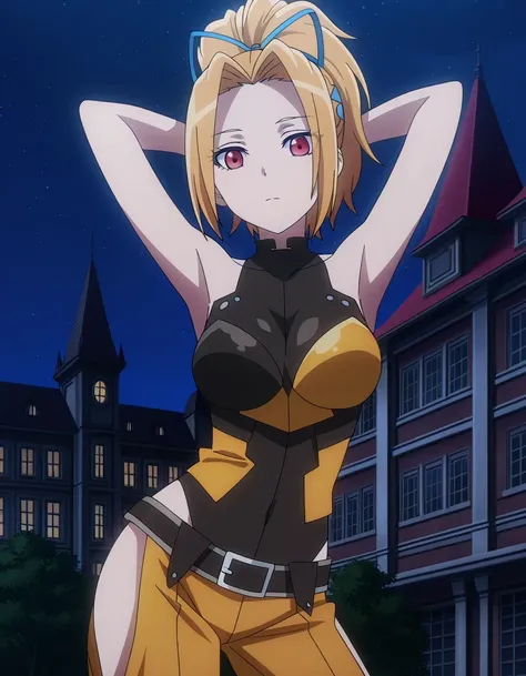 Tia, anime coloring, high quality, closed mouth, solo, cowboy shot, night sky, mansion, arms behind head, ((contrapposto)), looking at viewer, expressionless, best quality, 