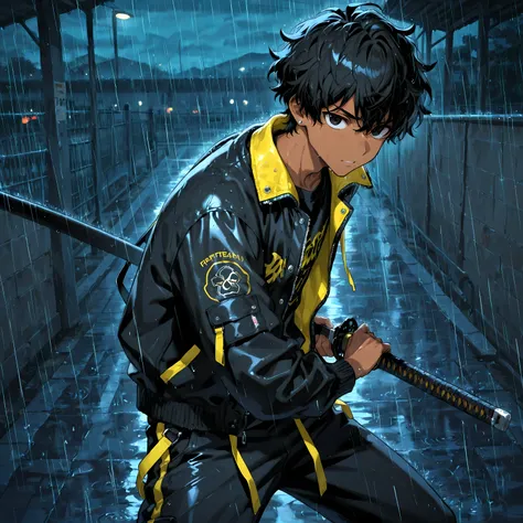 masterpiece , best quality , 1male , adolescent , male focus , masculine , (caramel brown skin) , solo , short messy wavy hair and medium length in the back , black hair , relaxed vibrant black eyes , streetwear clothing , black and yellow techwear jacket ...