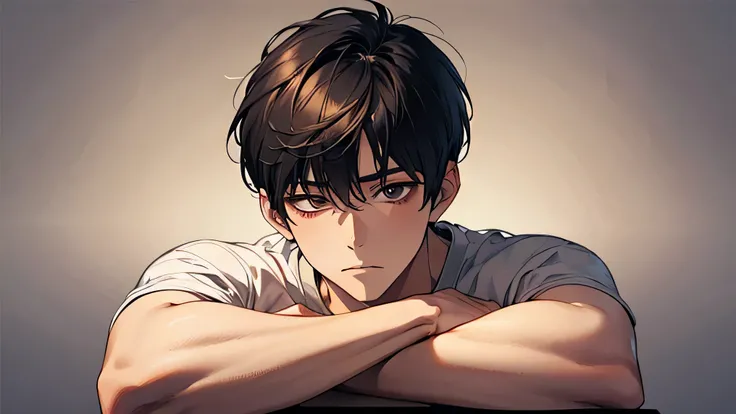 handsome Japanese man　　short hair　dark haired　 sports cutting　naked　　nude 床に座っている　　　　　no background　white gradient　nude　 composition zoomed on a face　　　Only the face　　face up and look sad　　tight white T-shirtsツ　　tight white T-shirts