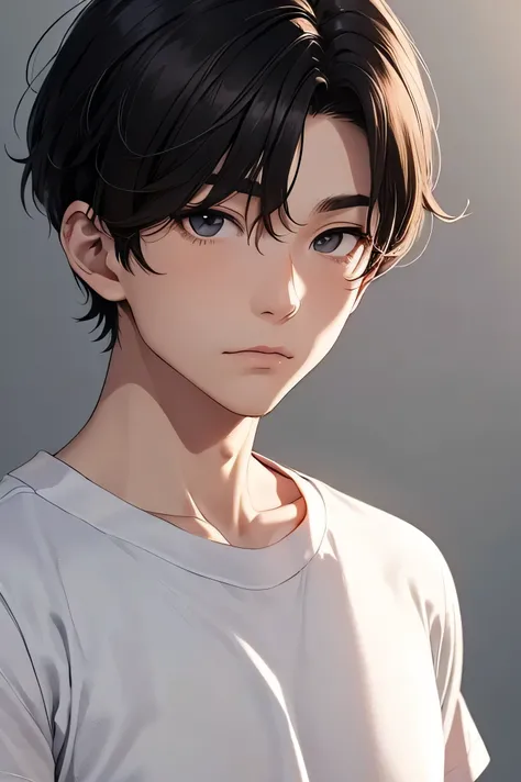 handsome Japanese man　　short hair　dark haired　 sports cutting　naked　　nude 床に座っている　　　　　no background　white gradient　nude　 composition zoomed on a face　　　Only the face　　face up and look sad　　tight white t-shirt　　tight white t-shirt