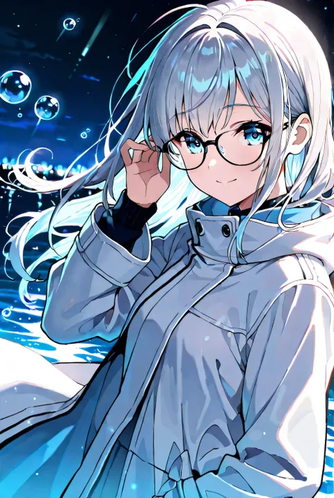 Clear, silver-haired, long-haired girl wearing glasses and smiling here in the background is surrounded by water and mysterious bubbles, illuminated by night light, her eyes turn a beautiful light blue, and is wearing glossy hair and a white coat
