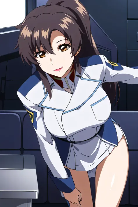 woman with dark ponytail hair,,smiling Yang,don't trim your face to the top of your head,,smiling Yangのyang,,Please don't cut off your face,表情がTOP PRIORITYです, Can you draw ,woman in a proper uniform,Tight skirt, wearing brown stockings ,is standing...