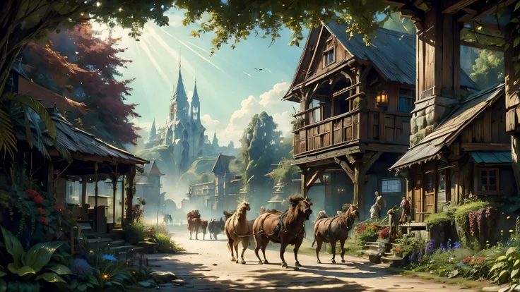  A bustling fantasy market unfolds before the audience ,  nestled amidst lush greenery  , A verdant canyon .  Sunlight filters through towering cliffs , casting dappled shadows on the well-trodden pathway where various humanoid figures wwither.  The crowd ...