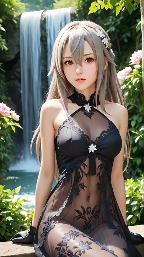 1girl, solo,eydish,red eyes,gray hair,(long hair:1.5),outdoors,potrait,medium breast,forest,(half body:1.4),front view,sitting under waterfall,waterfall background,looking at viewer,hair between eyes,wear dress,navel,bare shoulders,black glove,(targaryen o...