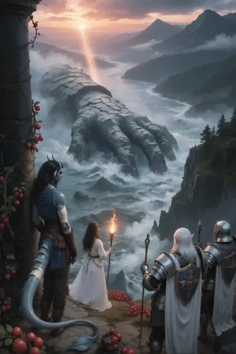 In the foreground, hiding behind a destroyed dark marble column, Kedra is watching what is happening. Kedra is a young woman with black hair and dark blue-gray skin dressed in simple medieval clothes and brown leather medieval pants and boots.
View from a ...