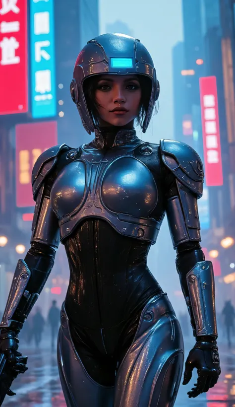 Isabela Merced as Robocop, futuristic cyborg police officer, wears a sleek silver and black armored exosuit, metallic plating, glowing blue visor, mechanical details on her arms and legs, face is partly visible, determined expression beneath the helmet, ho...