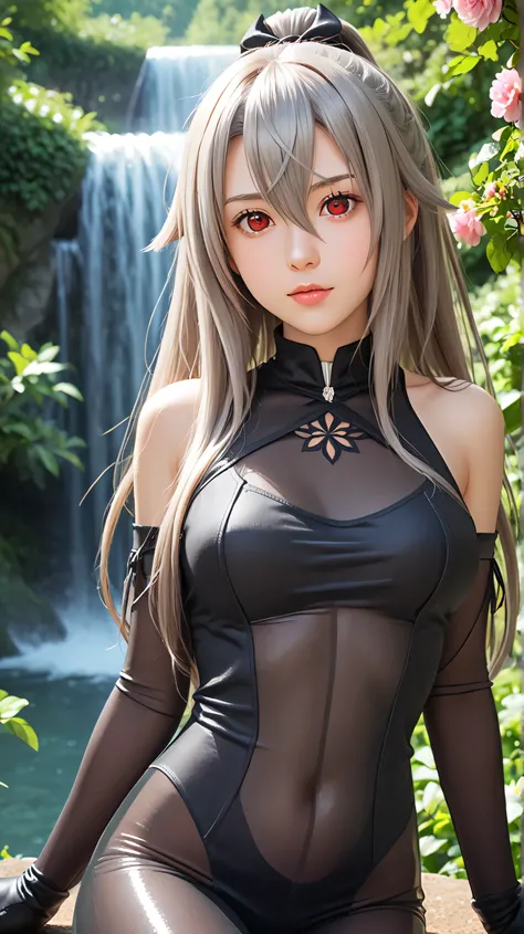 1girl, solo,eydish,red eyes,gray hair,(long hair:1.5),outdoors,potrait,medium breast,forest,(half body:1.4),front view,sitting under waterfall,waterfall background,looking at viewer,hair between eyes,wear dress,navel,bare shoulders,black glove,wild flowers...