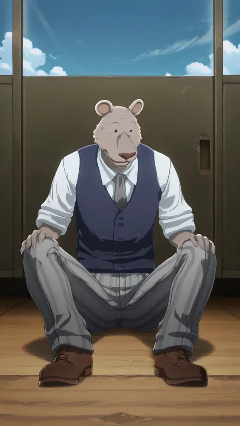 absurd result, best quality, alta calidad, detailed,  , wide shoulders, Mature man, ojos negros, athletic build,  round bear ears, very, polished, Grey body, gray school pants with thick black stripes ,Navy blue vest, long sleeve white shirt, gray tie, sit...