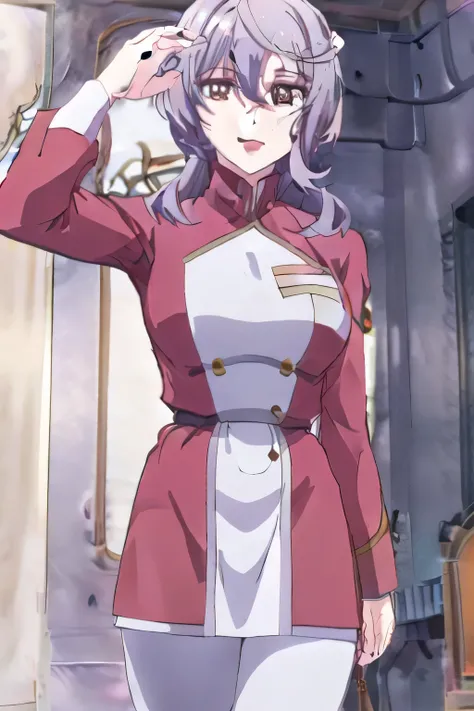 Woman with purple hair short hair,，smiling Yang，don't trim your face to the top of your head，，smiling Yangのyang，，don't cut off your face，表情がTop Prioritiesです, Can you draw       ,woman in a proper uniform，Tight skirt，  wearing brown stockings   ，is standing...