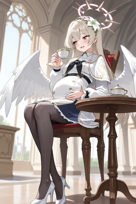 (Best quality, 4k, 8k, high resolution, masterpiece:1.2), ultra detailed, intricate details, beautiful girl, SOLO, alone, Kirifuji Nagisa from Blue Archive, long ash-blonde hair with floral ornament from top of head to left ear, angelic wings sprouting fr...