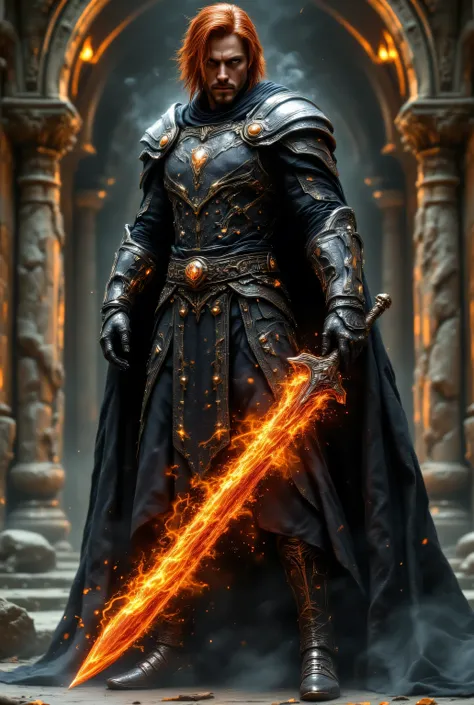 The image of a man with a,m tall wearing armor Made of leather with metal on the shoulders and chest wearing medieval warrior's pants, armbands on the forearms, shin guards made of metal on the armor, black leather boots with a cloak covering his shoulders...