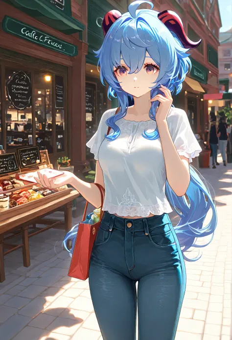 1 girl, From_Ganyu\( Genshin\), casual clothing,Short jeans,outdoor, Highly detailed, High Contrast, ray tracing, best lighting , cinematic composition, Pretty faces ,best quality, Very beautiful, , ultra-high resolution, detailed background, comics, Pas...