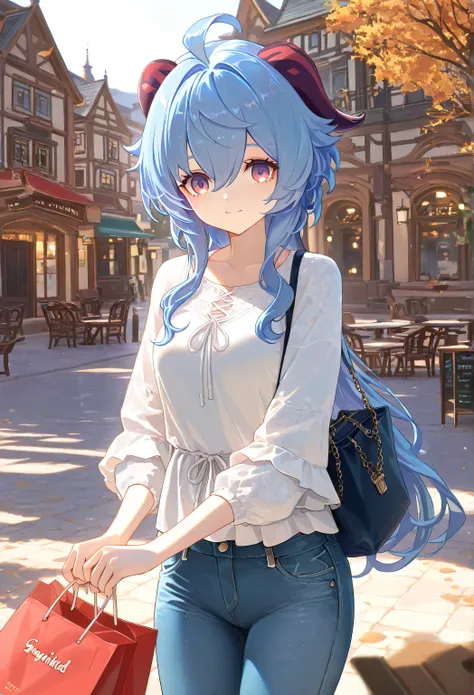 1 girl, From_Ganyu\( Genshin\), casual clothing,Short jeans,outdoor, Highly detailed, High Contrast, ray tracing, best lighting , cinematic composition, Pretty faces ,best quality, Very beautiful, , ultra-high resolution, detailed background, comics, Pas...