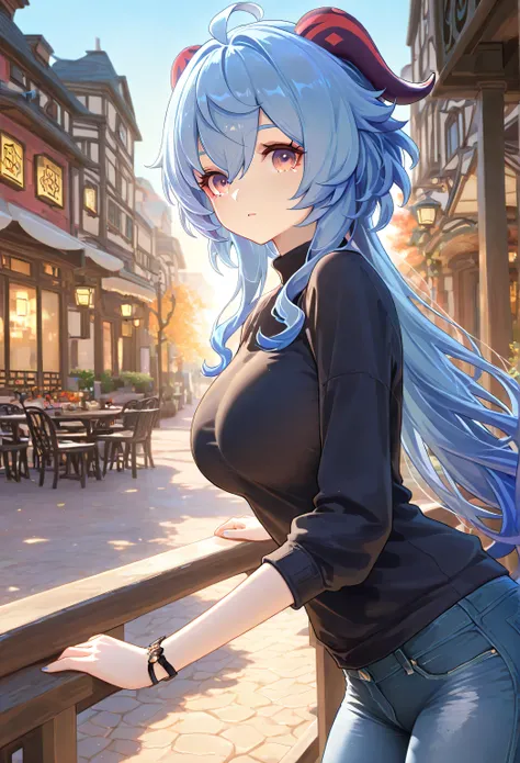 1 girl, From_Ganyu\( Genshin\), casual clothing,Short jeans,outdoor, Highly detailed, High Contrast, ray tracing, best lighting , cinematic composition, Pretty faces ,best quality, Very beautiful, , ultra-high resolution, detailed background, comics, Pas...