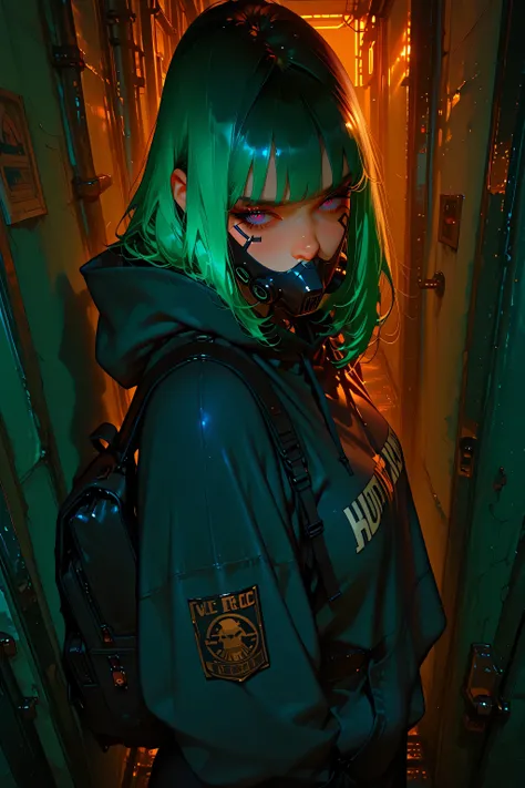 ((high angle)) mecha cyber goth girl noble huntress knight in gasmask and big long jacket on too big hoody, with backpack,  falling in to a trap on masked thief in  neo victorian alley with visible upper town with cyberpunk twist 1.0  32k UHD high resoluti...