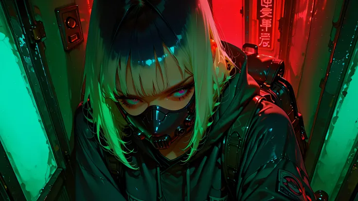 ((high angle)) mecha cyber goth girl noble huntress knight in gasmask and big long jacket on too big hoody, with backpack,  falling in to a trap on masked thief in  neo victorian alley with visible upper town with cyberpunk twist 1.0  32k UHD high resoluti...