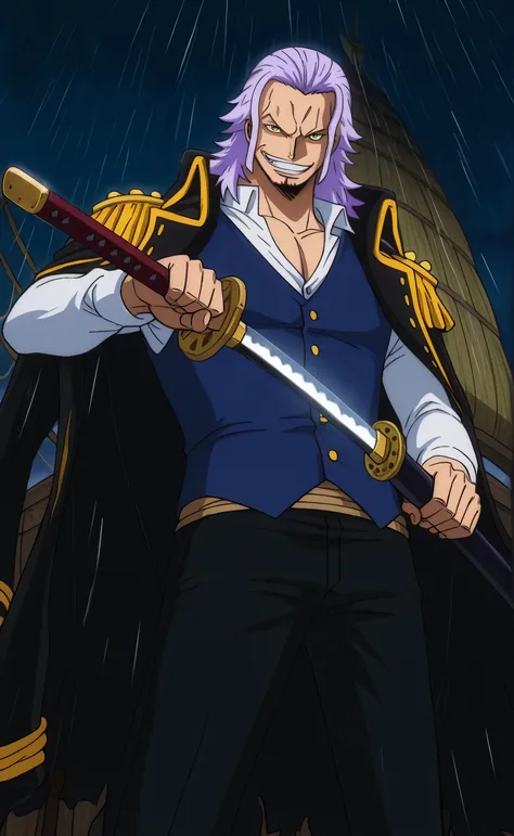 1male,solo,Gildarts Clive,light purple hair,long hair,yellow eyes,evil grin,muscle,black pirate coat,white shirt,dark blue vest,black pants,black 1katana,Unsheathing,pirate ship,rain,sea,night,male focus,One Piece Anime Style