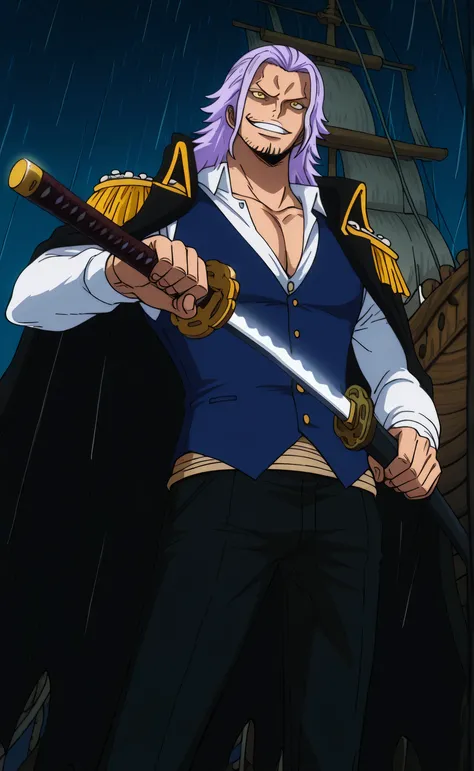 1male,solo,Gildarts Clive,light purple hair,long hair,yellow eyes,evil grin,muscle,black pirate coat,white shirt,dark blue vest,black pants,black 1katana,Unsheathing,pirate ship,rain,strom,sea,night,male focus,One Piece Anime Style