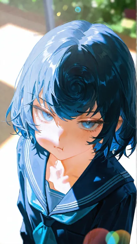 tiandou,blue hair,(Coiled Bang:1.1),single bang,(tsurime,frown),blue hybrid white serafuku,highres,absurdres,incredibly absurdres,very awa,masterpiece,best quality,masterpiece,best quality,amazing quality,absurdres,in the style of fashion photography,ray t...