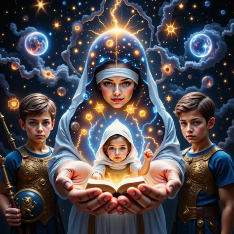 It creates the image of a metaphysical being. of a humanoid shape, her whole being is made up of an enormous set of constellations, stars,  Soles , galaxies. In the palm of her hand is the figure of a beautiful girl, with blond hair that shines like the su...