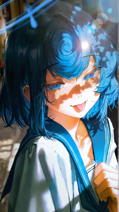 tiandou,blue hair,(Coiled Bang|Spiral Bang),one bang,blue hybrid white serafuku,highres,absurdres,incredibly absurdres,very awa,masterpiece,best quality,masterpiece,best quality,amazing quality,absurdres,in the style of fashion photography,ray tracing,dram...