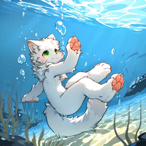 Young male white cat, Pure white skin, Diving in the sea, Underwater, Full body view, Tail, Pawpads, Animal hands and feet, highres, masterpiece, best quality