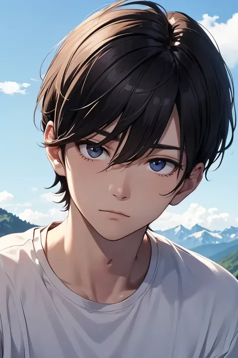  male　　Japanese　handsome guys　short hair　dark haired　　　tight white t-shirt　 composition zoomed on a face　　　Only the face　　looks slightly upward and a sad expression　　　　　　eyes　　The gaze is directed far away　　summer resort　 Plateau　 Resort　Beautiful sky and ...