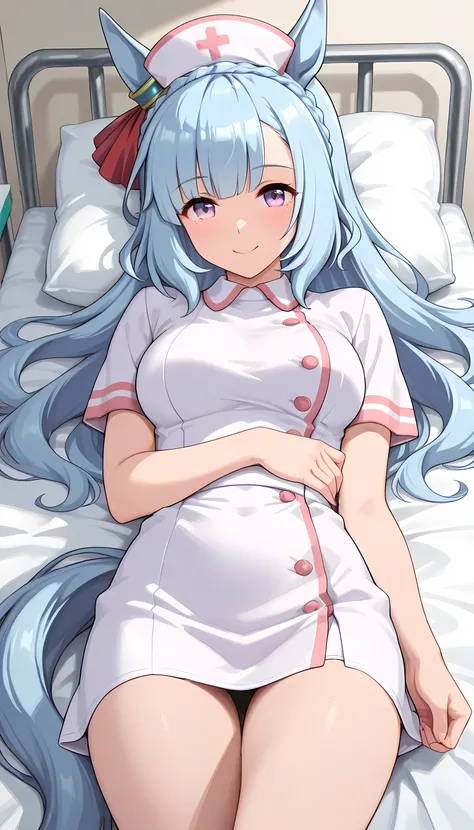 ((top quality, masterpiece, high res)), one girl, Mejiro Ardan\(umamusume\), nurse, nurse, Hospital room, horse tail, Smile, lying on the bed