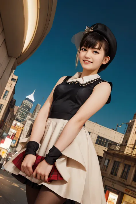 a mischievous pin-up girl vibe, giving a cute, squinty smile, elegant pinup girl in silk bias-cut midi dress, skirt, windy aerial hairstyle, long gloves and cloche hat, naturally open her thighs, Art Deco city street with vintage many things, soft diffused...