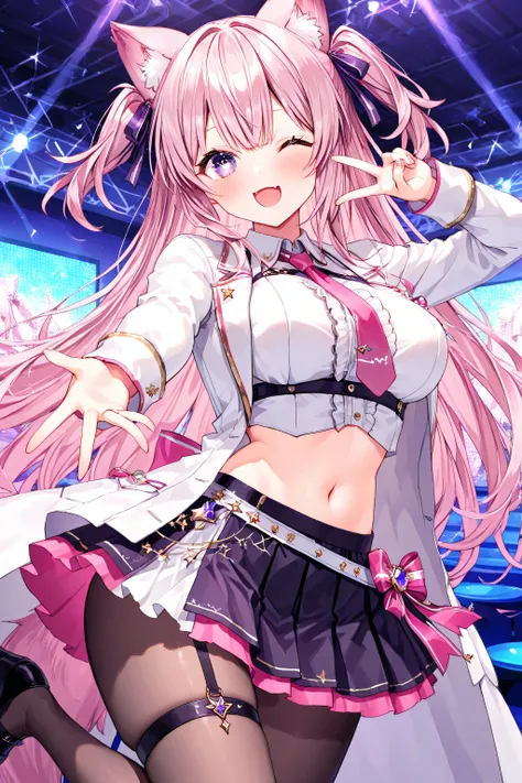 ( Highest Quality , 8k , masterpiece, ) , 1 person、girls ,  very elaborate eyes and face  、(pink hair) 、purple eyes、(big boobs：1.5)、long hair、koyo_lab、(emo ears：2 )、long bangs、(cute smile)、big eyes、(Beautiful, jewel-like eyes：1.5)、  skin care、(white coat、B...
