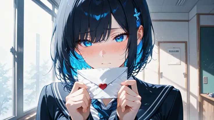 masterpiece, one girl, black long hair, short cut, blue inner hair, asian, blue eyes, wearing school uniform, trying to hand over her love letter to the viewers, flustered, shy, 