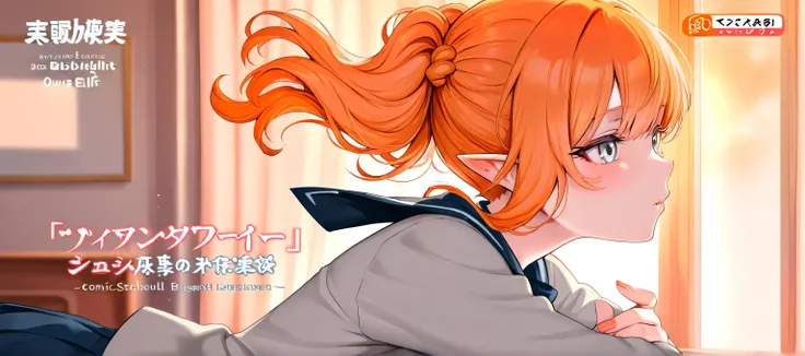 1 beautiful elf girl with bright orange hair. original hairstyle. with delicate skin. grey eyes in school uniform.  comic cover . text. full height. solo. 