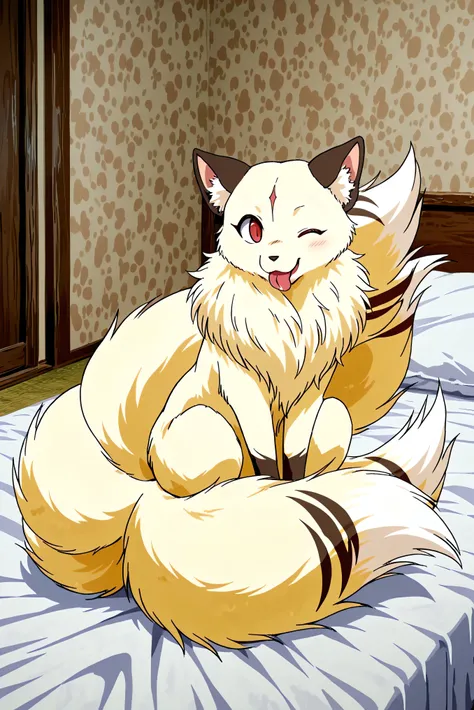 The  fluffy fur feral four leges non-humanlike ,no human transform  kirara with  many tails sitting down  and  licking in the  bed, wink red eye, full body,