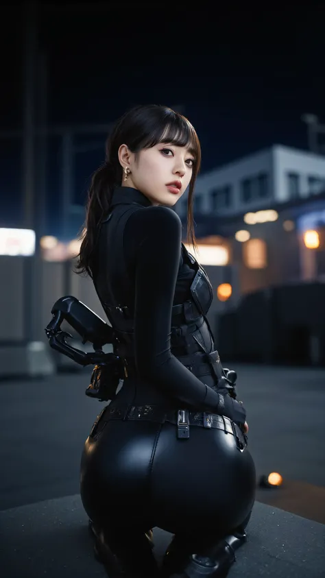 (((Midnight Future City Rooftop:2.0))),(((HR Giger-esque cyberpunk atmosphere:2.0))),(((Holding a Cyberpunk Sniper Rifle:2.0))),standing in the teacher's house,((Full Body:2.0))one woman,(cute face:1.5),(Beautiful well-balanced face :1.5),(wavy black hair:...
