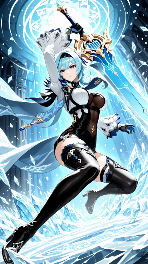 masterpiece, high quality, ultra-detailed, 1girl, eula_(genshin_impact), dynamic action pose, mid-battle stance, ((very large breasts)), perfect hourglass figure, toned athletic body, flowing braided hair, determined expression, ice magic casting, crystall...