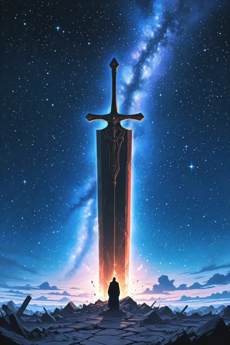 ancient god petrified after epic battle against other gods, huge body in detailed anime style, cracks shining in mystical blue, legendary sword stuck in the ground, setting of ruins with strong winds raising dust, starry sky with magical dawn, heroic and m...