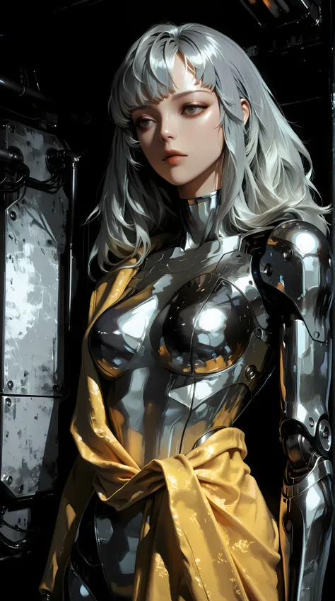 rendering, futuristic cyberpunk aesthetic figure, front composition, full-body, gaze, matte grey metallic and body, draped in flowing yellow fabric, intricate robotic arm details with silver finishes, studio lighting setup with soft diffused highlights, ul...