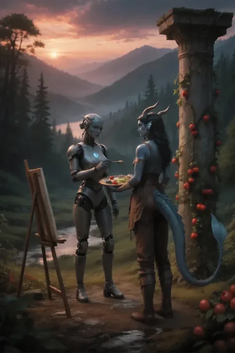 two actors in the frame A mechanical sci-fi robot with the inscription "AI" on her chest, praises she hands a tassel to another creature - Kedra is a kind young woman with dark blue-gray skin and a long thick dragon tail at the back and horns on her head, ...