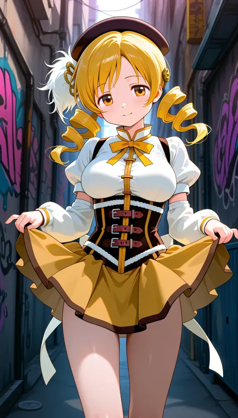 Mami Tomoe, Magical Girl , graffiti alley , lifting her skirt 