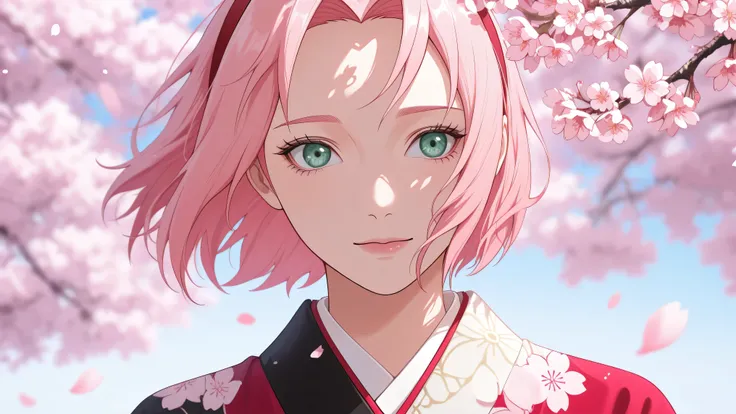 portrait photo, Haruno Sakura, wear kimono, short hair, Embarrassing girl, the scene is a garden with cherry blossoms, the wind blows cherry blossoms flying, image focused on the character Sakura.
