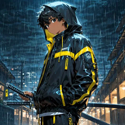 masterpiece , best quality , 1male , adolescent , male focus , masculine , (caramel brown skin) , solo , short messy wavy hair and medium length in the back , black hair , relaxed vibrant black eyes , streetwear clothing , black and yellow techwear jacket ...