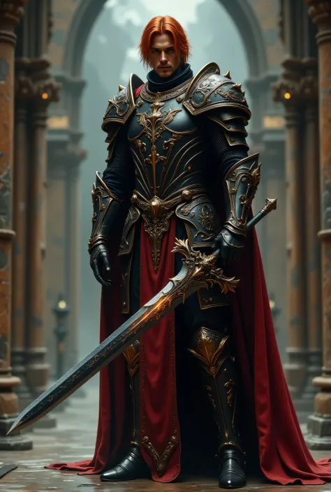 4K quality masterpiece image the image of a man with a,m tall wearing armor Made of leather with metal on the shoulders and chest wearing medieval warrior's pants, armbands on the forearms, shin guards made of metal on the armor, black leather boots with a...