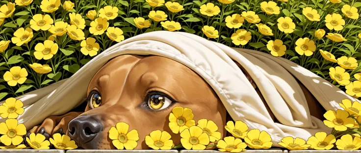 dog laying under a blanket of yellow flowers. Set against an Victorian backdrop that is covered in flowers. pitbull, apbt, beautiful eyes, golden eyes, paws, red brown fur