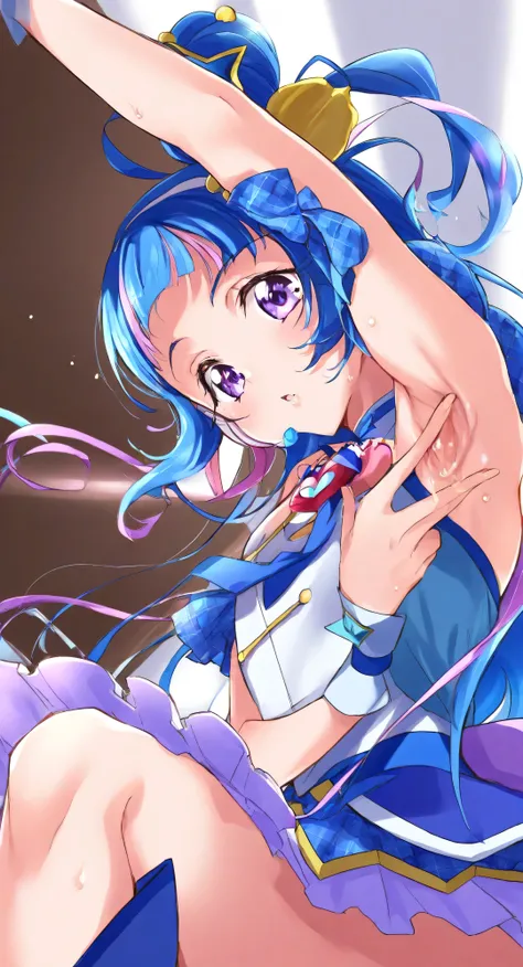 masterpiece, Highest Quality, Newest, That's ridiculous, CG, anime, source anime, [illustration],,( 1girl :1.5),(Alone:1.5),,  cure ink , kimi to Idol precure, (blue hair:1.1), Magical Girl, mini crown, purple eyes, blue dress, Slanted Hat , Long Hair, dul...