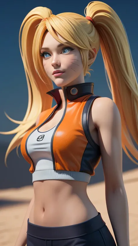 RAW digital art, ultra-realistic 3D render of a stunning woman resembling Naruko from Naruto, ((highly detailed face:1.3)), (flawless skin texture, naruto facial whisker makeup, very very long blonde pigtails: 1.2), expressive eyes with subtle reflections,...