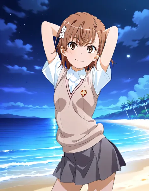 misaka mikoto, anime screencap, short hair, brown hair, hair ornament, hairpin, flower hairpin, hair flower, brown eyes, tokiwadai school uniform, white shirt, brown sweater vest, short sleeves, v-neck, skirt, high quality, solo, cowboy shot, (contrapposto...