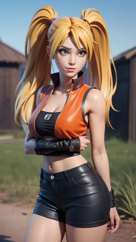 RAW digital art, ultra-realistic 3D render of a stunning woman resembling Naruko from Naruto, ((highly detailed face:1.3)), (flawless skin texture, naruto facial whisker makeup, very very long blonde pigtails: 1.2), expressive eyes with subtle reflections,...