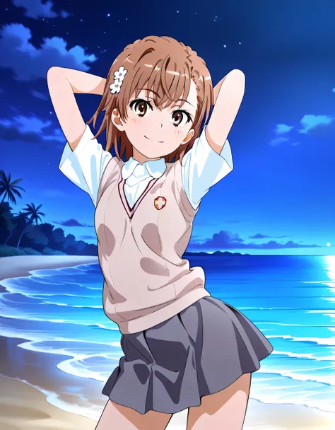 misaka mikoto, short hair, brown hair, hair ornament, hairpin, flower hairpin, hair flower, brown eyes, tokiwadai school uniform, white shirt, brown sweater vest, short sleeves, v-neck, skirt, high quality, solo, cowboy shot, (contrapposto), arms behind he...